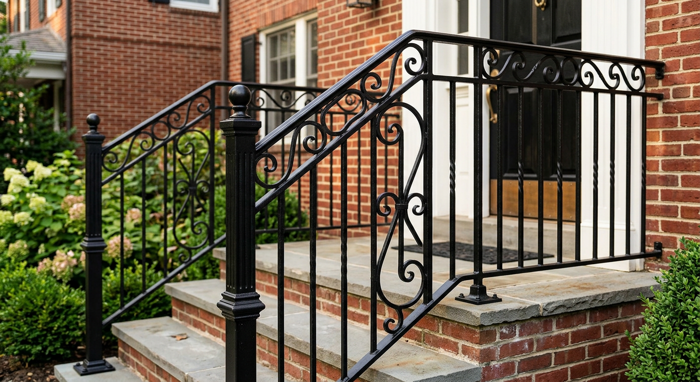 Ornamental aluminum porch railings on NJ brick home
