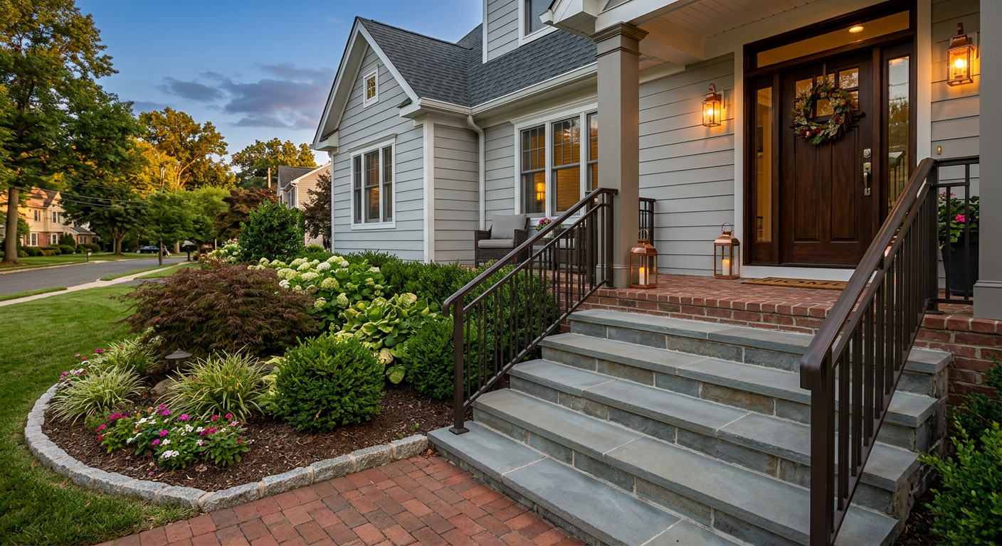 Bronze staircase railings on NJ home exterior