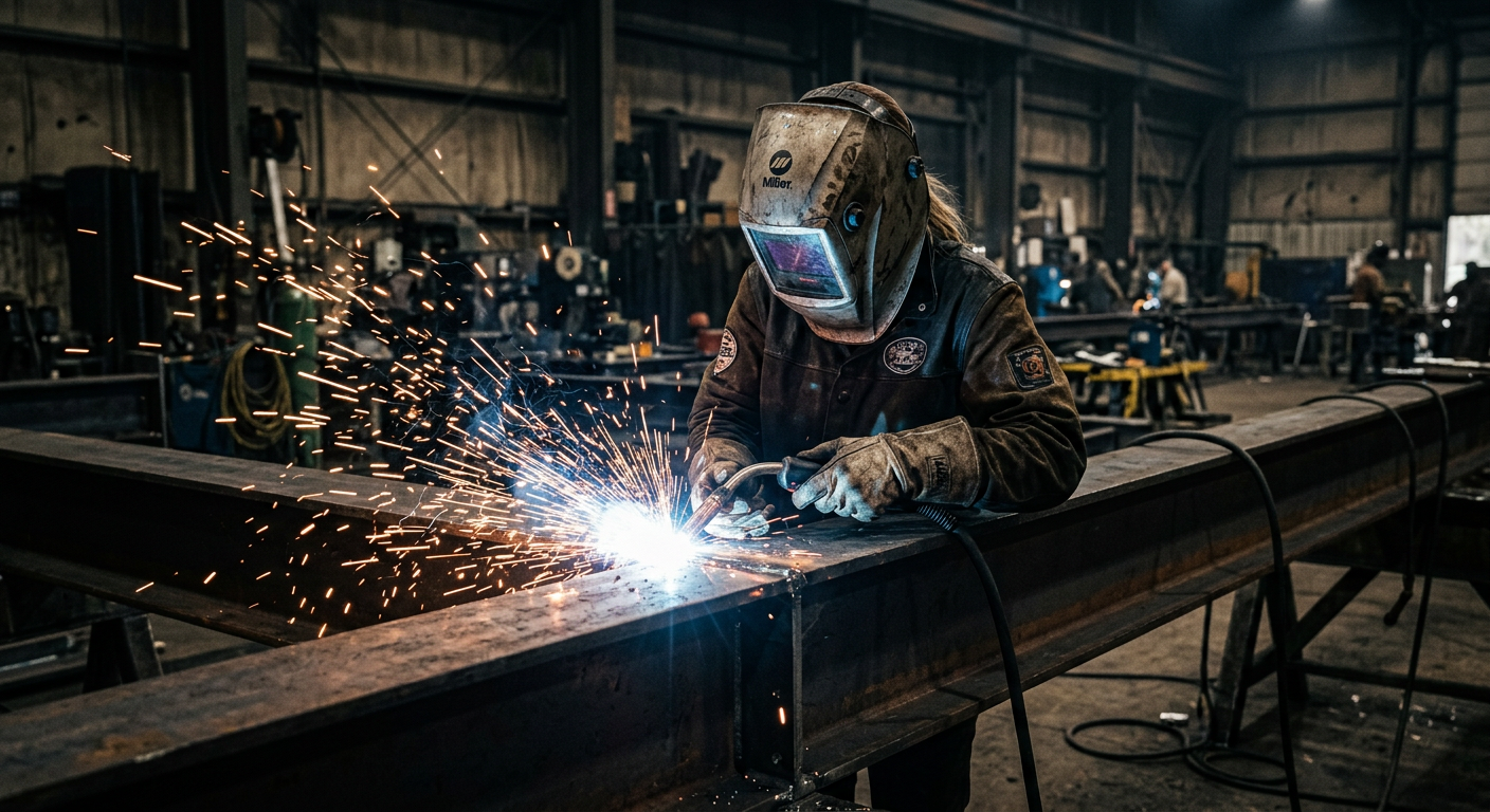 MIG welding on structural steel beam